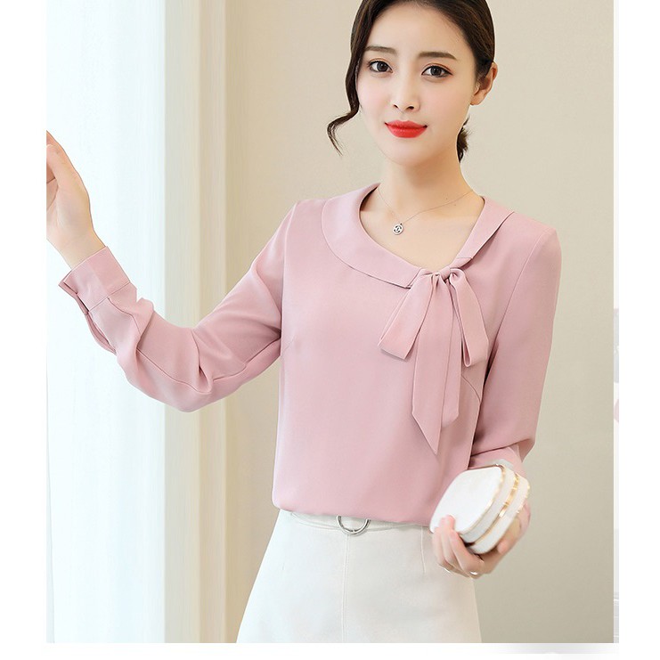 Áo sơ mi nữ công sở tay dài cổ bèo cột nơ lệch bên. | BigBuy360 - bigbuy360.vn