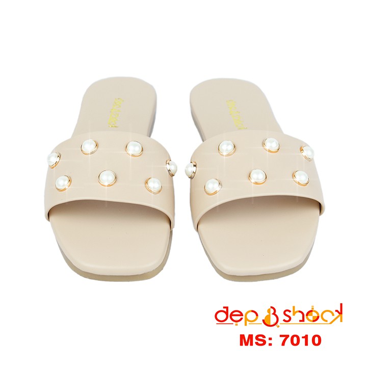 Dép nữ Quai ngang đính hột  đế bệt có big size MS 7010