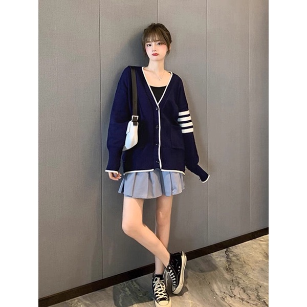 (ORDER.buiny) Áo khoác len dệt kim cardigan cài khuy phối viền sọc tay style Hàn Quốc cá tính (HÀNG_MỚI) | BigBuy360 - bigbuy360.vn