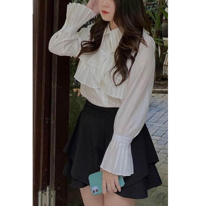 Áo sơ mi nữ công sở dài tay màu trắng đi học sinh cổ bèo tầng dáng rộng - Áo sơ mi vintage- Yesnow