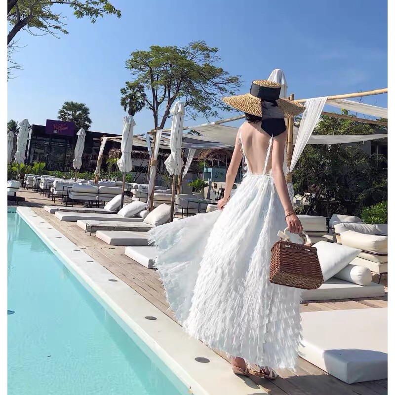 Sẵn - Váy maxi dài lông vũ trắng siêu sang | BigBuy360 - bigbuy360.vn