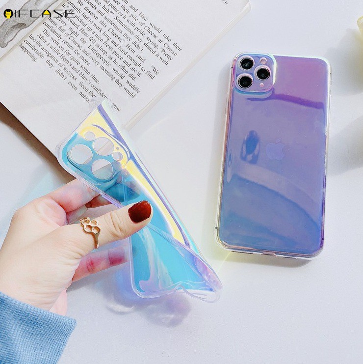 Compatible For iPhone 12 Mini 12 11 Pro Max XS Max XR X 7 8 6 6s Plus Phone Case Purple Gradient Rainbow Laser Blu-ray Glitter Bling Color Colorful Simple Transparent Clear Soft TPU Casing Case Cover