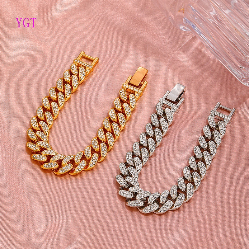 Ygt Vòng Tay Dây Xích Kim Loại Đính Đá Pha Lê Màu Vàng Bạc Phong Cách Hip Hop Cho Nam