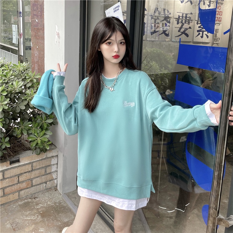 Áo nỉ dài tay dáng rộng thêu chữ phong cách hàn quốc thời trang