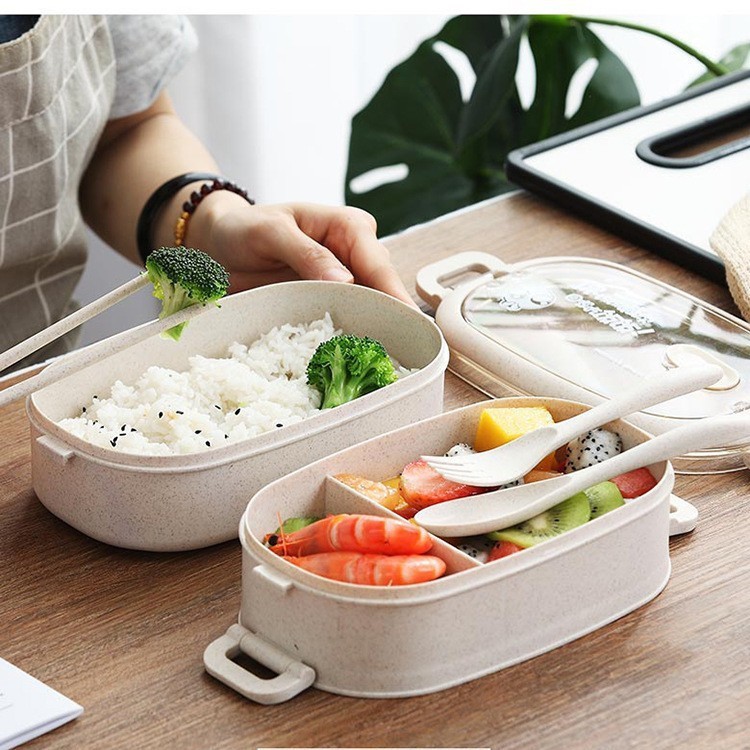 HỘP CƠM 2 TẦNG lúa mạch có muỗng đũa nĩa
