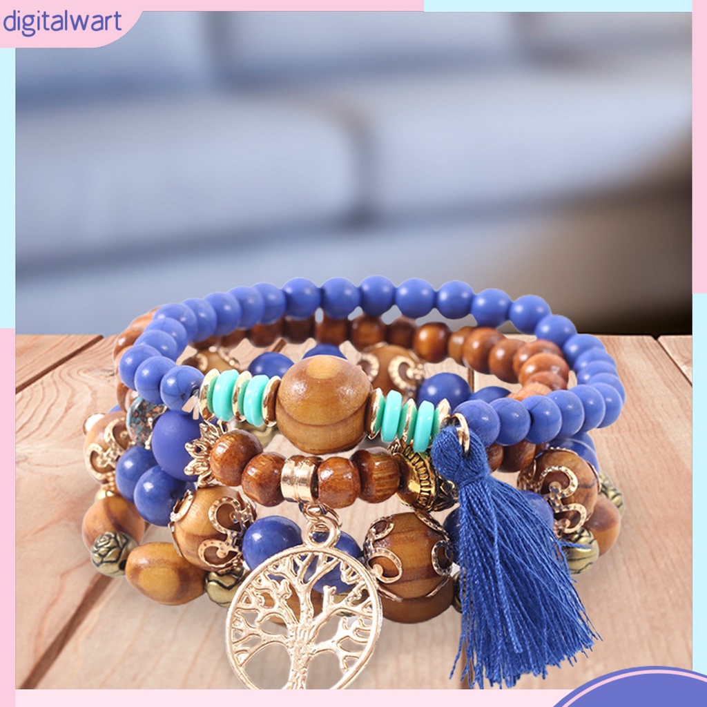 Bộ 4 vòng tay chuỗi hạt gỗ phối tua thời trang dành cho nam và nữ