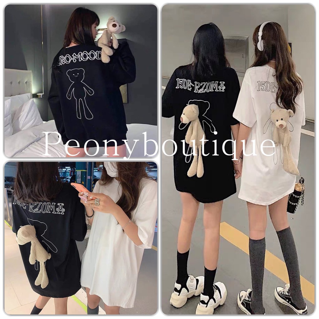 Áo Gấu BEHIND Dài Tay Nữ [FREESHIP]  Nỉ bông teddy treo sau lưng form rộng oversize màu TRẮNG | ĐEN Ulzzang HOT