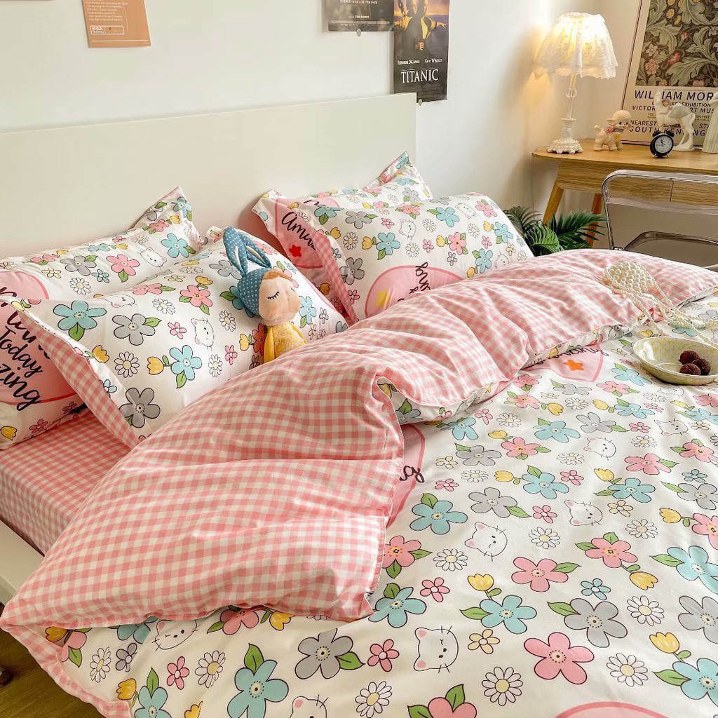 Bộ chăn ga gối Cotton Poly 4 món - Hoa chữ ( Không kèm ruột )