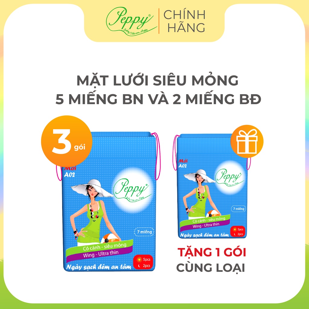 [HOT] Băng vệ sinh PEPPY( A02) 3 gói tặng 1 gói-Lưới siêu thấm-Siêu mỏng cánh-5 miếng ban ngày + 2 miếng ban đêm