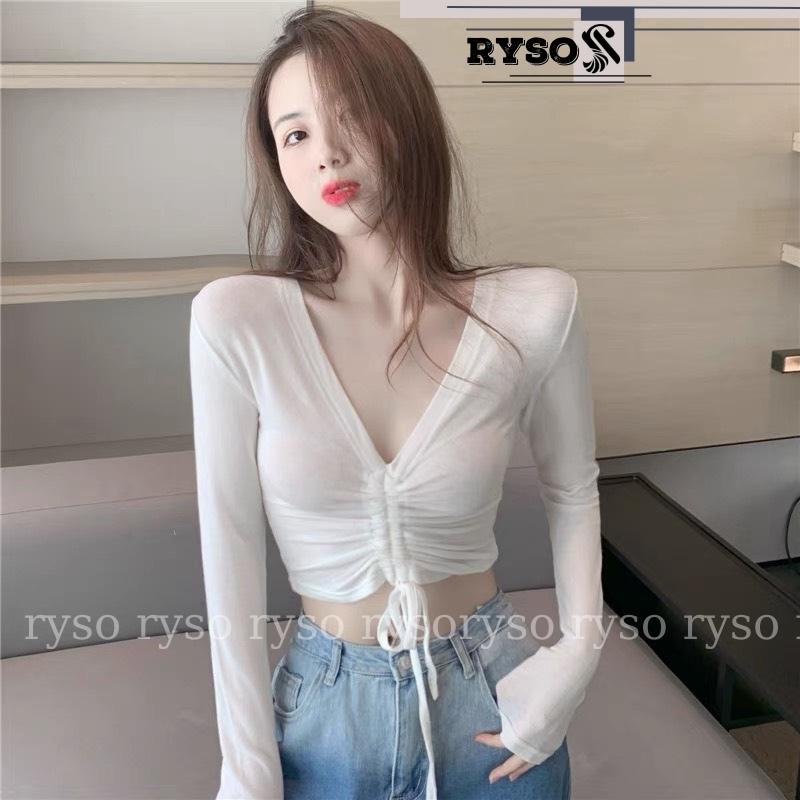 Áo Croptop Tay Dài Cổ Tim Rút Dây Kiểu Nữ Ôm Body Sexy CRT thun gân dày dặn cao cấp