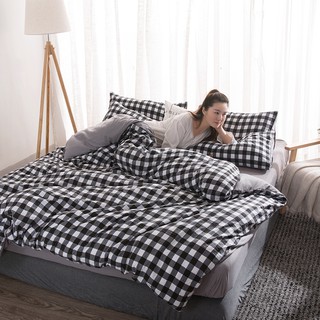 Bộ chăn ga gối cotton đũi kẻ caro đen trắng ga xám