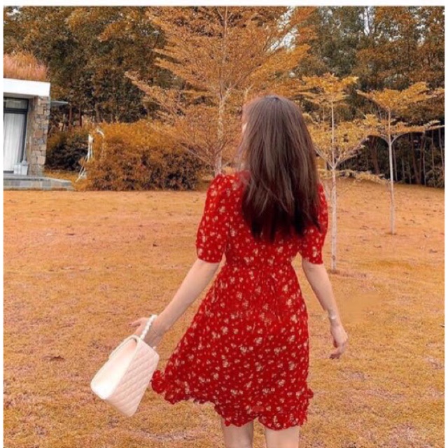 Đầm xoè hoa đỏ, tím đắp chéo đuôi cá (ảnh thật)