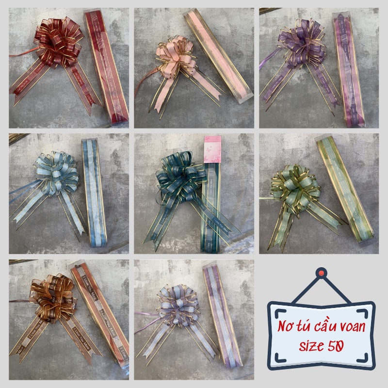 [Set 5 chiếc] Nơ Rút Tú Cầu Voan In Chữ ❤️I LOVE U❤️ Viền Vàng, Bông To 28*50cm, Trang Trí Hộp Quà - Tiệc - Xe Hoa