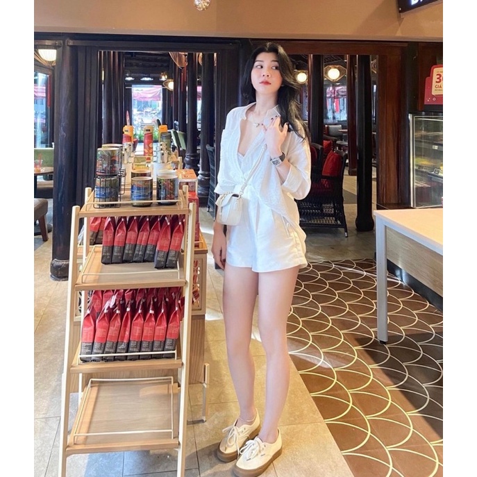 Set áo sơ mi đũi và quần trắng thời trang nữ cực xinh