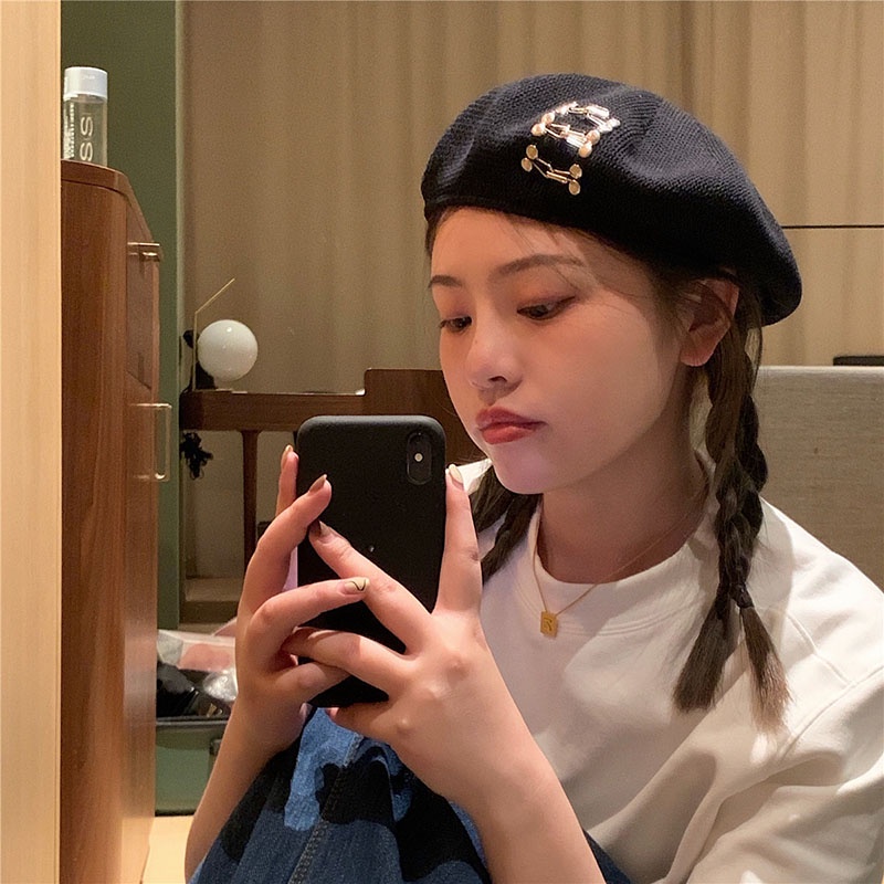 Mũ beret màu đen bằng cotton lanh thời trang phong cách retro Nhật Bản cho nữ