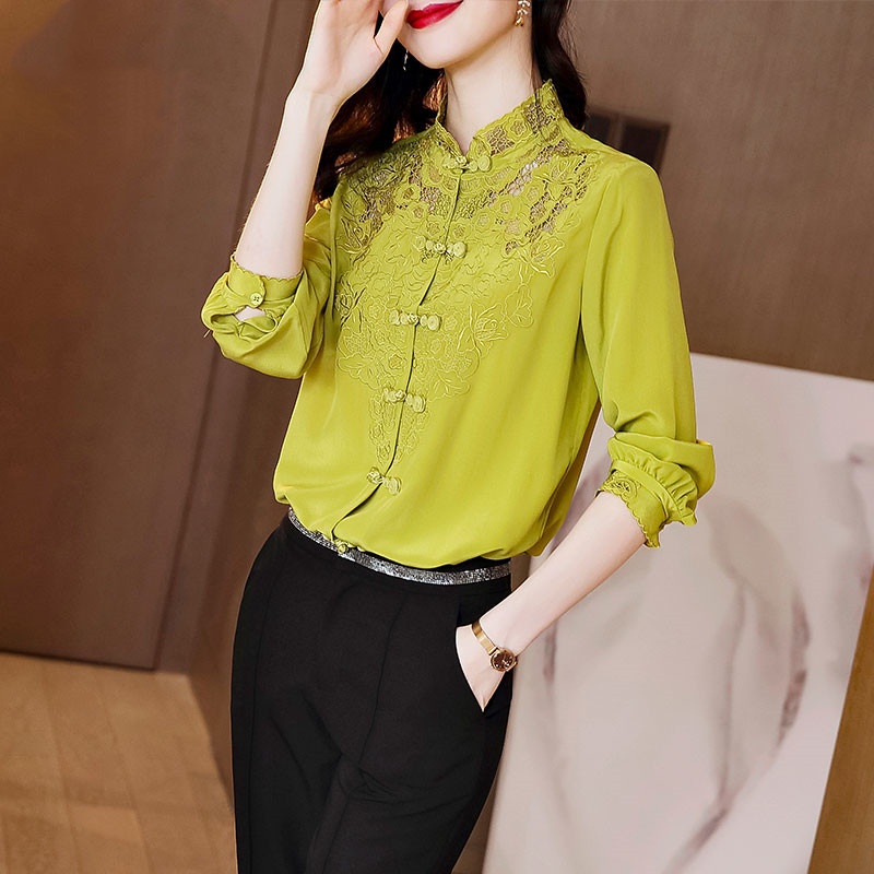 Áo Sơ Mi Giả Lụa Tay Dài Dáng Rộng Thêu Họa Tiết Thời Trang Cho Nữ