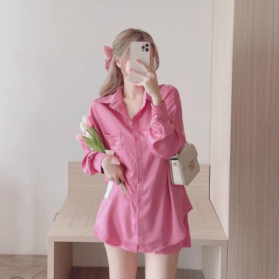 Siêu Phẩm Set Bộ Áo Sơ Mi Tay Dài Kèm Quần Đùi Mặc Lích Sự Thoải Mái Duvi