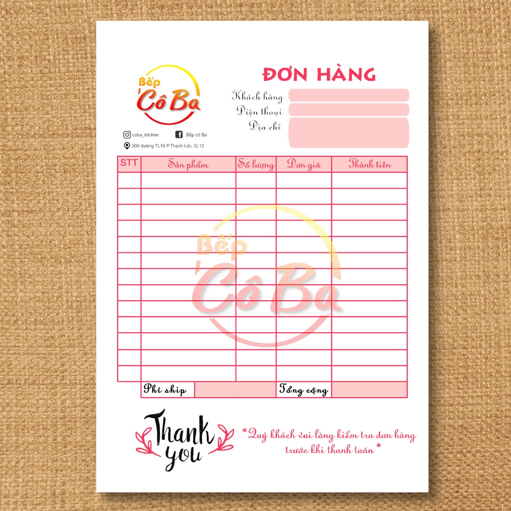 Hoá đơn 1 liên A5 có thể thay đổi màu và logo tên theo shop miễn phí