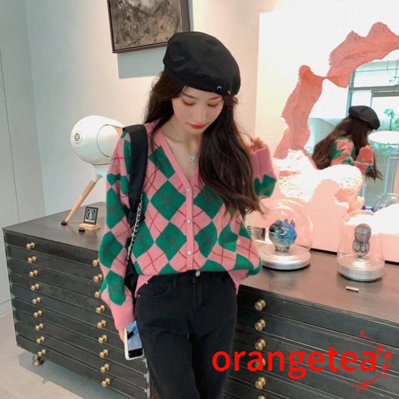 Áo khoác len nữ dài tay cổ chữ V màu sắc tương phản