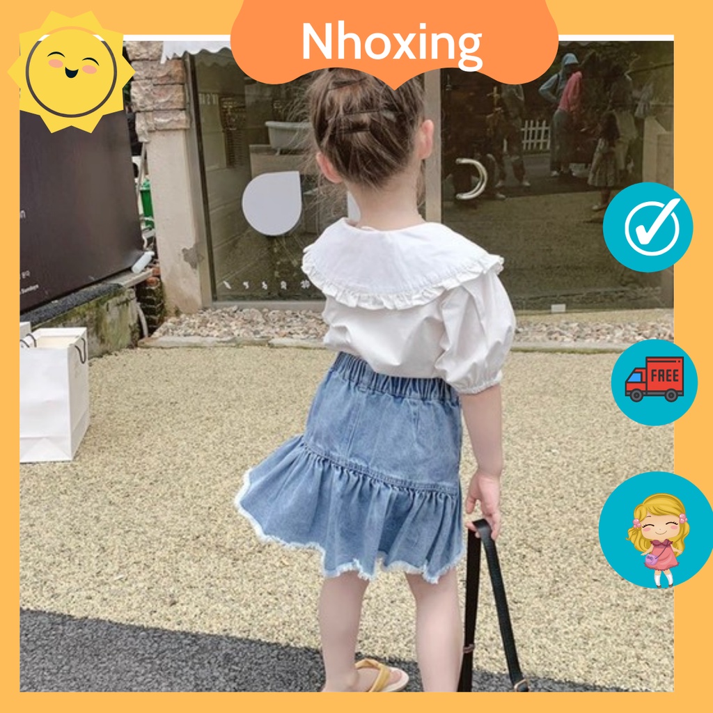 Sét áo sơ mi và chân váy jean cho bé gái size 8-24kg