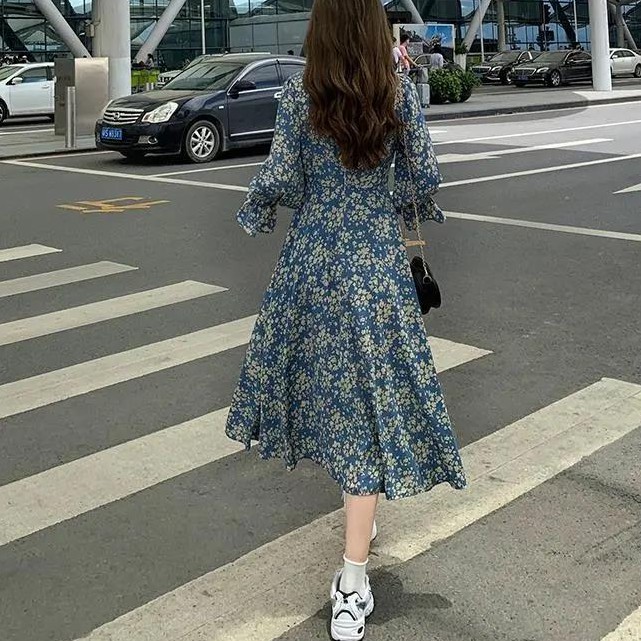 Women's Fashion Classic French Retro Classic Floral Print Long Sleeve V-neck Dress