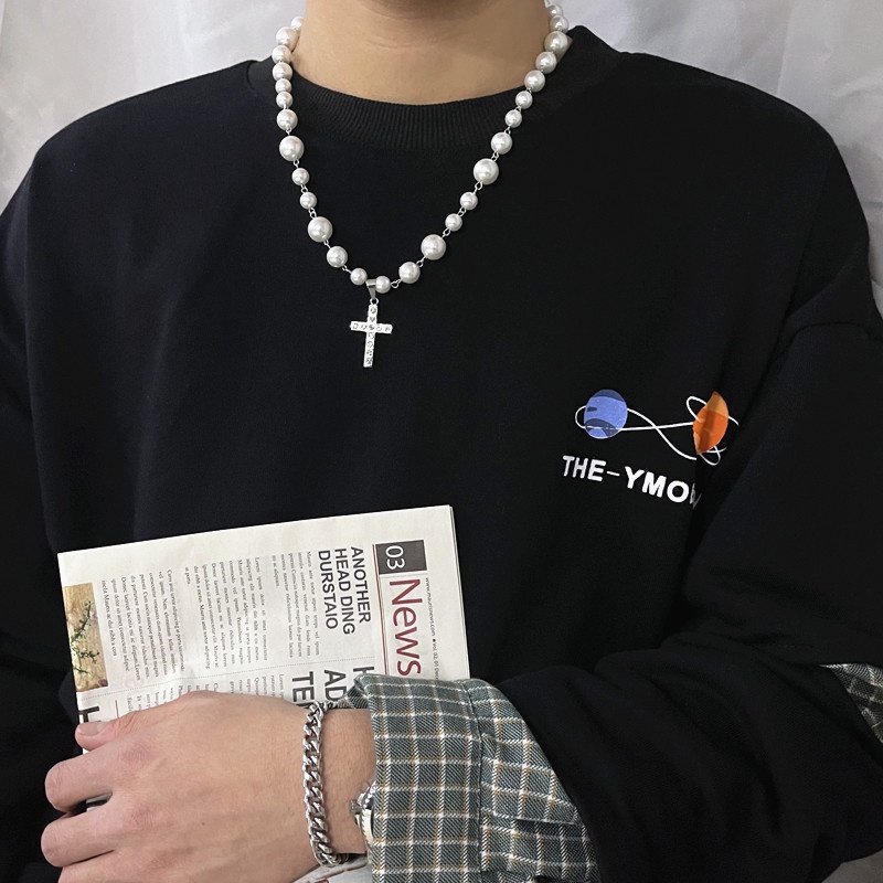 Vòng cổ Mặt Chữ Thập Đính Đá Ngọc Trai Phong Cách hip hop Cho Nam Nữ