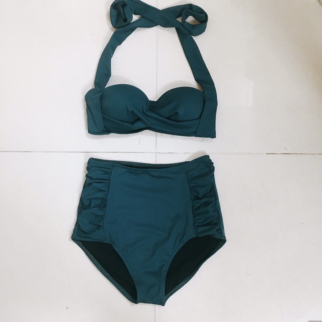 Bikini, đồ bơi 2 mảnh áo crop dây dày mix quần nhún lưng cao 2 bên hông