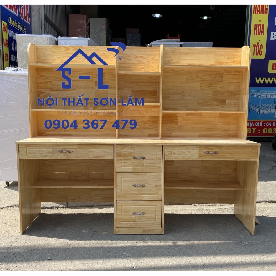 Bàn học sinh gỗ liền kệ bàn đôi đặt mẫu mới 5 hộc kéo đẹp