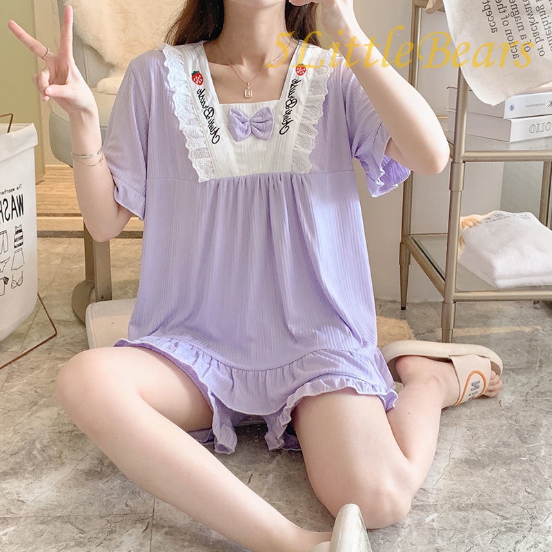 Bộ Đồ Ngủ Ngắn Tay Cổ Vuông Phối Ren Phong Cách Đơn Giản Cho Nữ