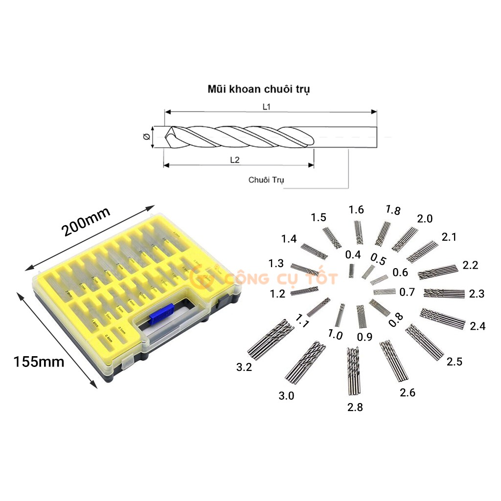Hộp 150 mũi khoan chính xác 0.4-3.2mm bước đường kính 0.1mm thép gió