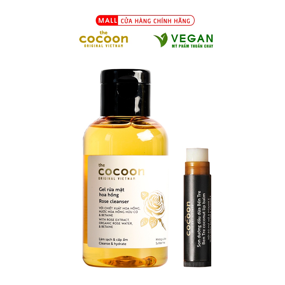 Combo gel rửa mặt hoa hồng cocoon 140ml + Son dưỡng môi dầu dừa bến tre cocoon 5g