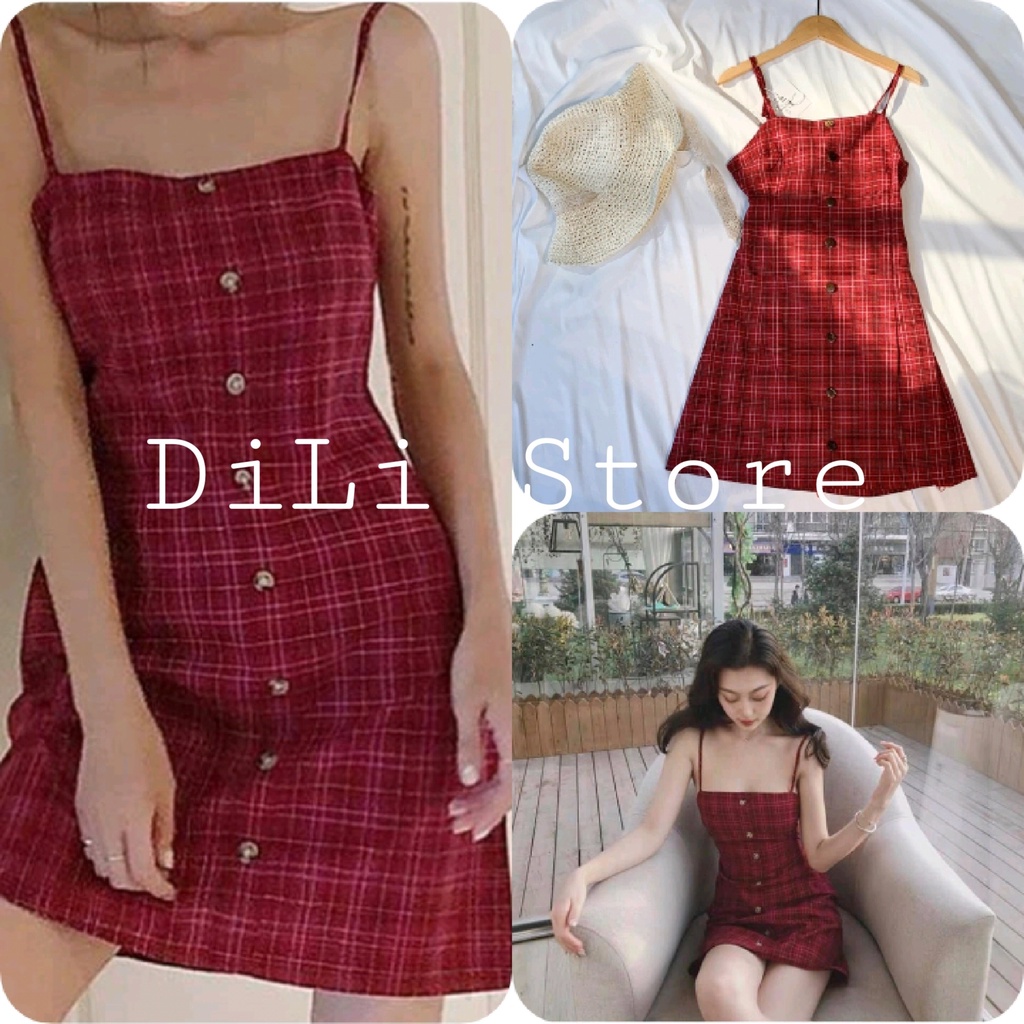 Đầm 2 dây kẻ caro, váy nữa 2 dây kẻ ô vuông màu đỏ thiết kế sang chảnh, hở lưng với chất vải thô mát, style cá tính sexy