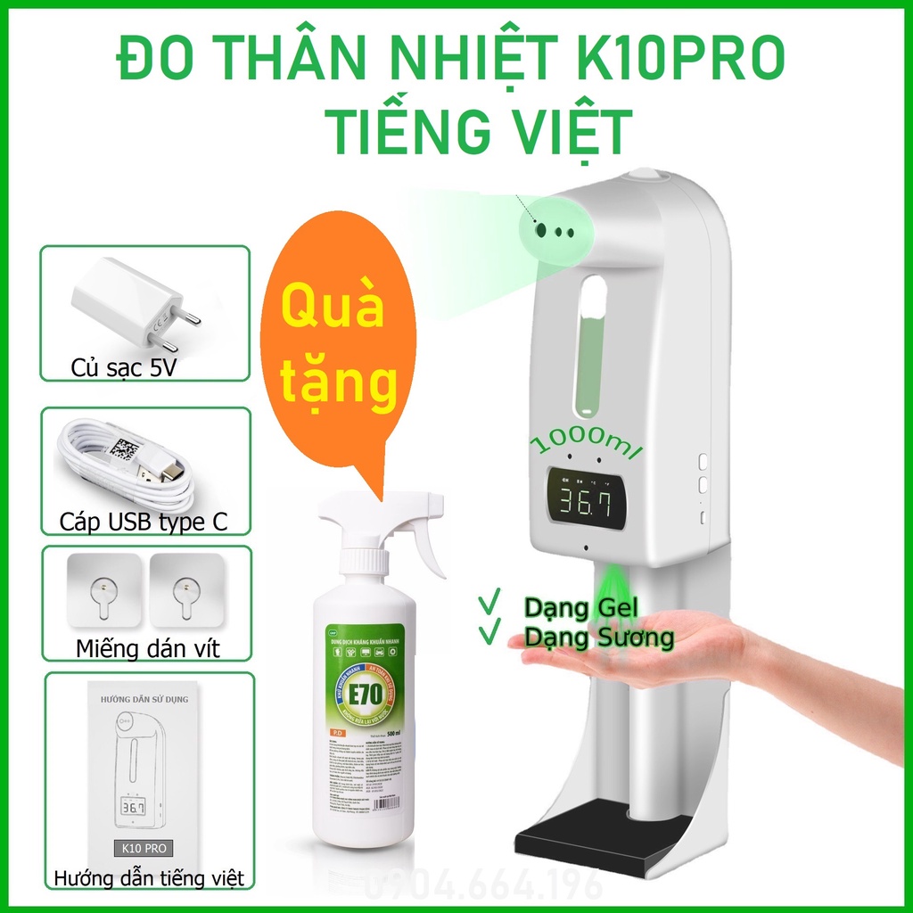 Máy đo thân nhiệt từ xa, tích hợp rửa tay tự động, k10 pro tiếng việt