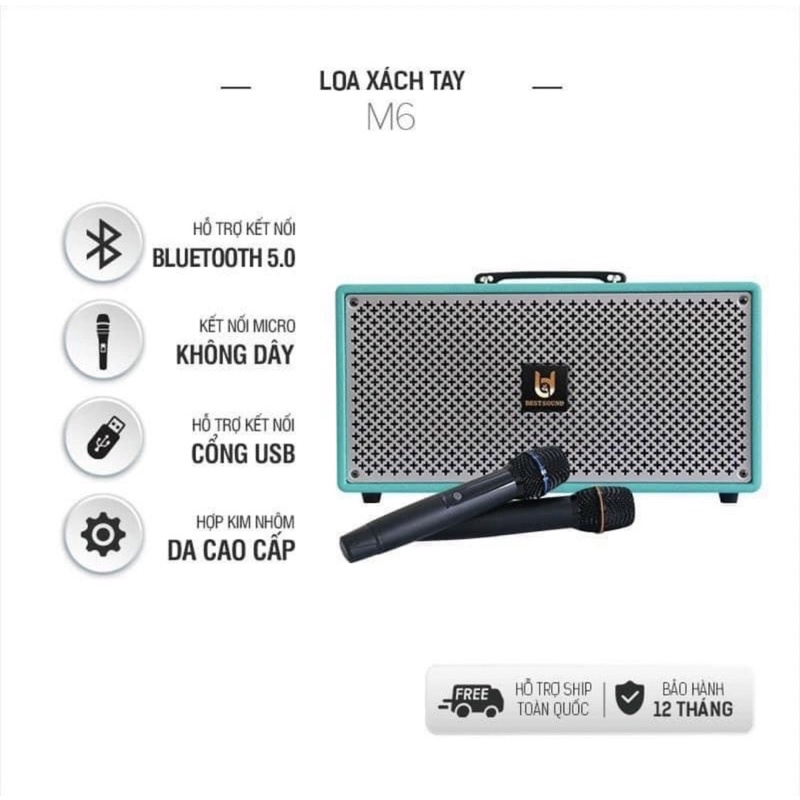 Loa Bluetooth Di Động Chính Hãng Best Sound M6-Hàng Nhập Khẩu 2022-Tặng Kèm 2 Micro Karaoke