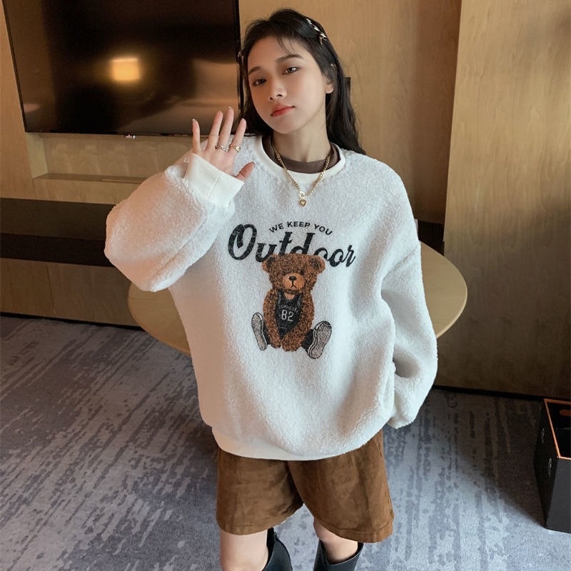 Áo khoác Sweater cổ tròn lót nhung lông cừu lót nhung màu sắc tương phản thời trang mùa đông cho nữ