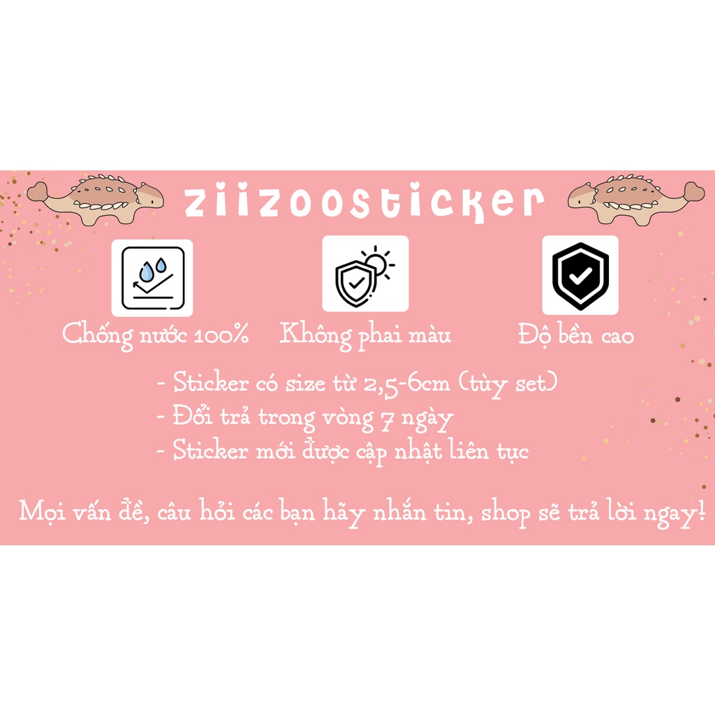 Set 20 Sticker Khủng Long Con Cute, hình dán trang trí điện thoại, laptop, nón bảo hiểm, hộp bút, sổ tay
