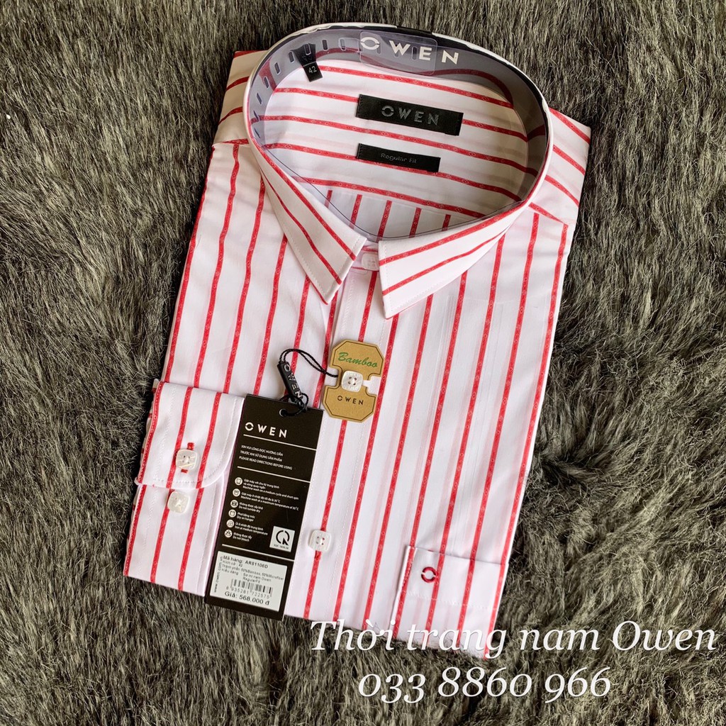 OWEN - Áo sơ mi dài tay Owen Regular fit chất sợi tre kẻ sọc đỏ vân chìm 81106