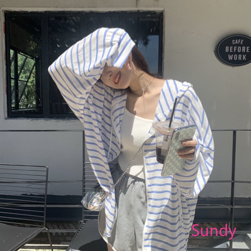 Áo Khoác Cardigan Chống Nắng Dáng Rộng Họa Tiết Kẻ Sọc Thời Trang Mùa Thu Phong Cách Hàn Quốc Cho Nữ