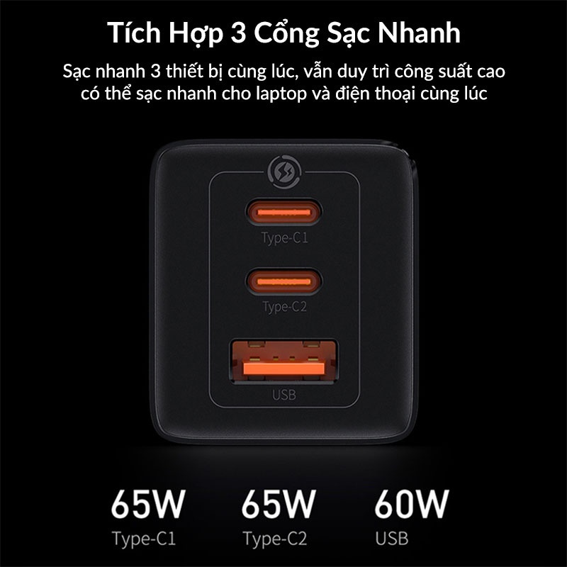 Củ Sạc Nhanh 65W Baseus GaN 3 Pro Sạc Đa Năng Cho Laptop Macbook iPad iPhone Samsung, Chân Dẹp Gập Tiện Lợi