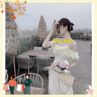 Vnu470 - váy 2s trễ vai body màu be bèo voan 2 lớp