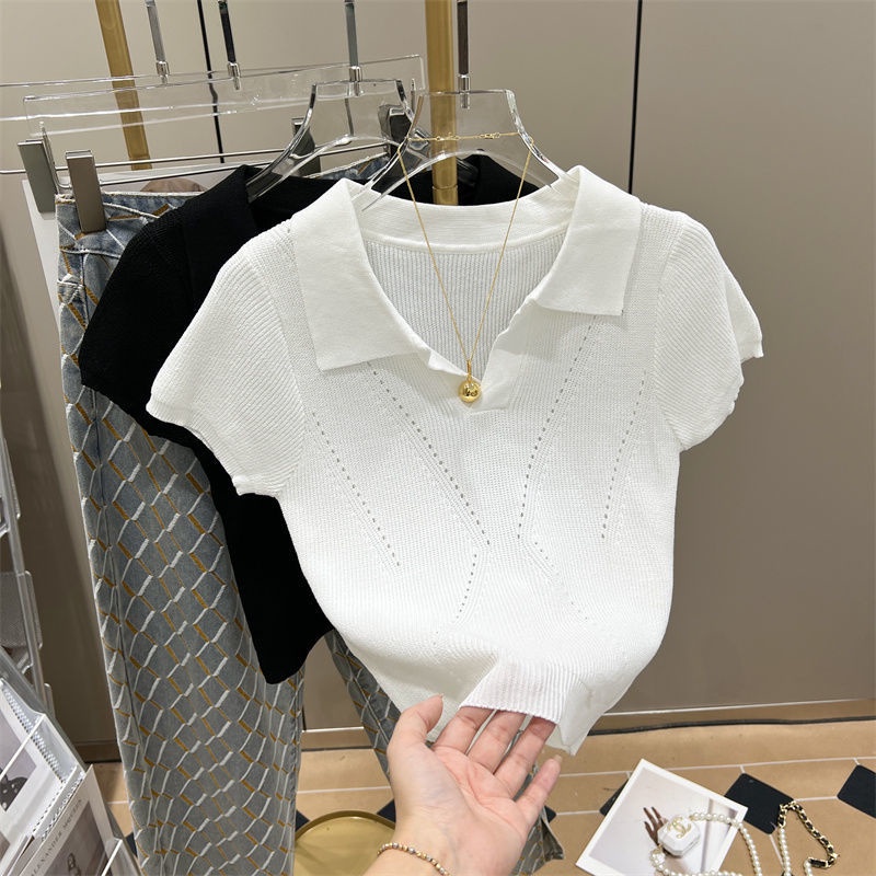 Áo Dệt Kim Khoét Lỗ Màu Sắc Trơn Phong Cách Âu Mỹ Cho Nữ