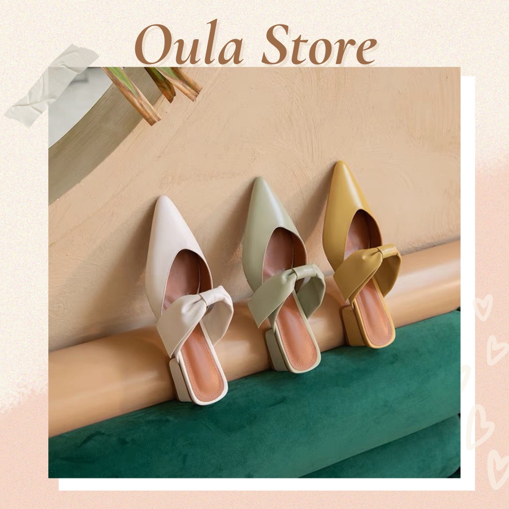 Guốc sục nữ da mềm gót thấp mũi nhọn kiểu dáng quai ngang gắn nơ bản to , SB30, Oula Store