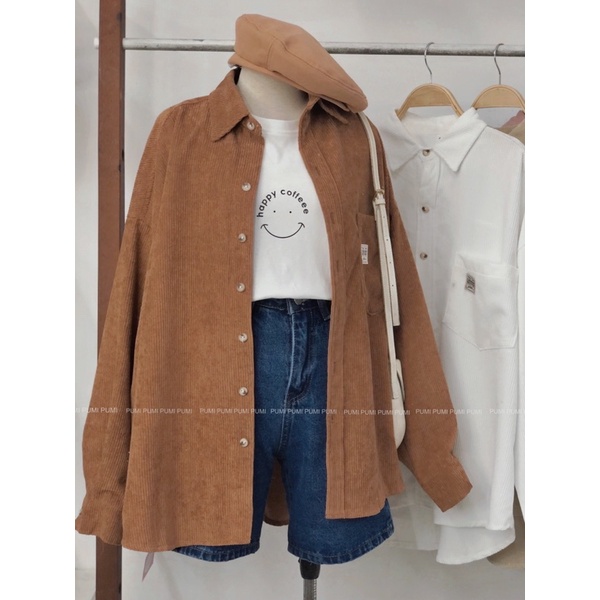 Áo sơ mi nhung nữ thêu túi trước nhiều màu dáng rộng oversize Pumi