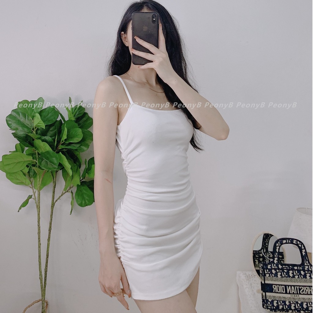 Váy đầm ôm body hai dây sợi bún bóp eo sexy 3 màu đen trắng tím ulzzang nữ