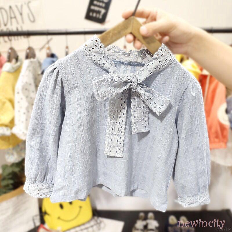 Korean Girls Spring Autumn Kids Long Sleeve Blouse Lace Bowknot Design Kids Casual Tops