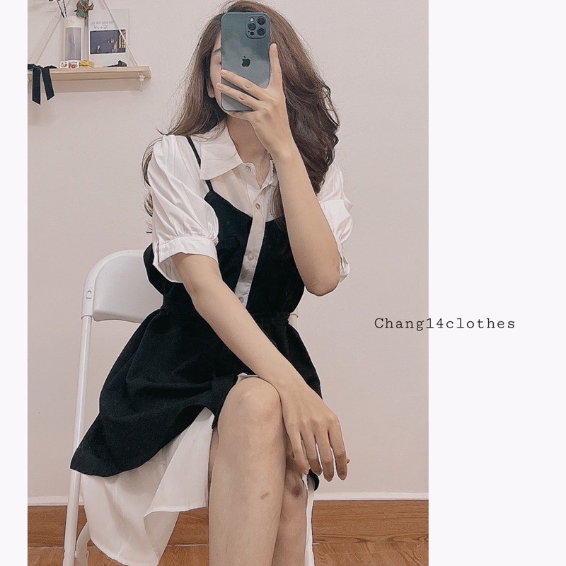 váy gile liền với áo sơmi trắng dài hàng quảng châu cao cấp | BigBuy360 - bigbuy360.vn