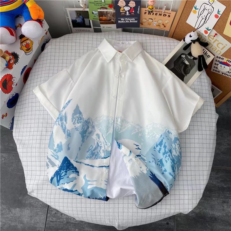 Áo sơ mi tay ngắn dáng rộng màu nhuộm phong cách Hàn Quốc thời trang cho nam size M-3XL