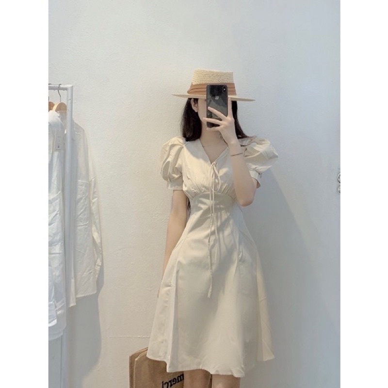 Đầm váy cổ V tay phồng tiểu thư phong cách Hàn Quốc Aimee closet