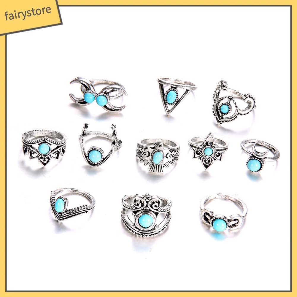 Set 11 nhẫn đính đá ngọc lam giả phong cách boho cổ điển cho nữ
