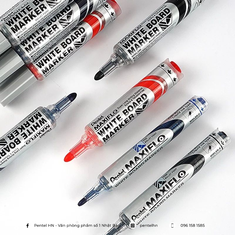 Bút Dạ Bảng Pentel MWL5 | Mực Ra Đều | Có Thể Viết Ở Tư Thế Dốc Ngược | 3 Màu Mực